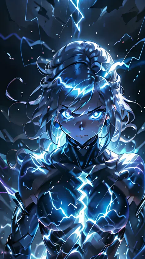 close-up of a person on a purple and blue background, full of lightning, glowing black aura, evil aura, 8K anime, epic anime abo...