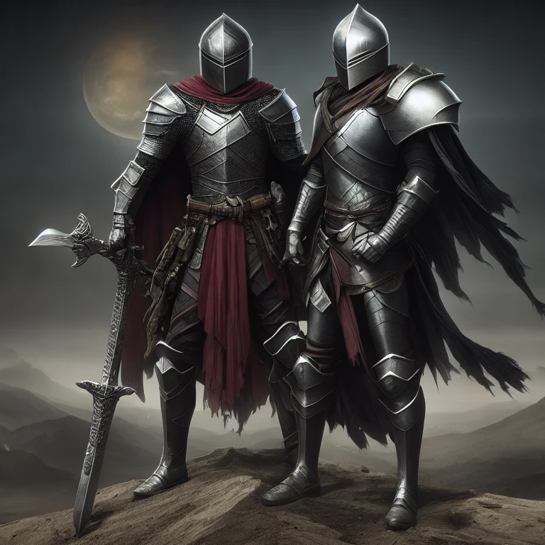 (masterpiece, best quality:1.2), Elfrid,1other,ambiguous gender,armor,broken,cape,facing viewer,full armor,gauntlets,gradient, sword,holding weapon,hood,knight,male focus,monochrome,pauldrons,shoulder armor,sitting,solo,sword,torn,torn cape,torn clothes,torn legwear,weapon