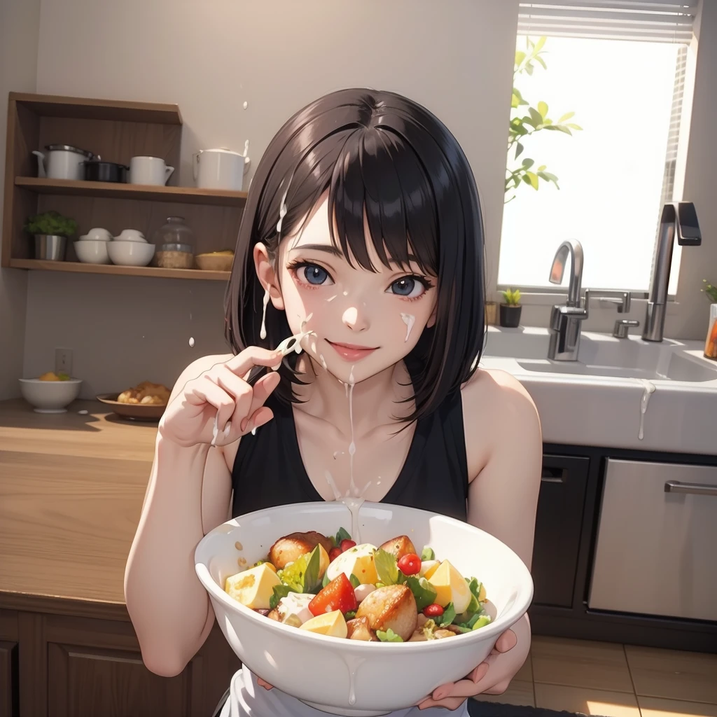 anime girl eating a bowl of food in a kitchen, anime food, super realistic food picture, realistic anime 3 d style, seductive anime girl, 3 d anime realistic, smooth anime cg art, [ 4 k photorealism ]!!, tifa, [ 4 k digital art ]!!, about to consume you, ilya kuvshinov. 4 k, photorealistic anime,(smile:1.3),(facial:1.3),(cum on food:1.5),(cum on face:1.3),(bob cut:1.1),15 years old,highschool student,(small brests:1.2),(skinny:1.2),