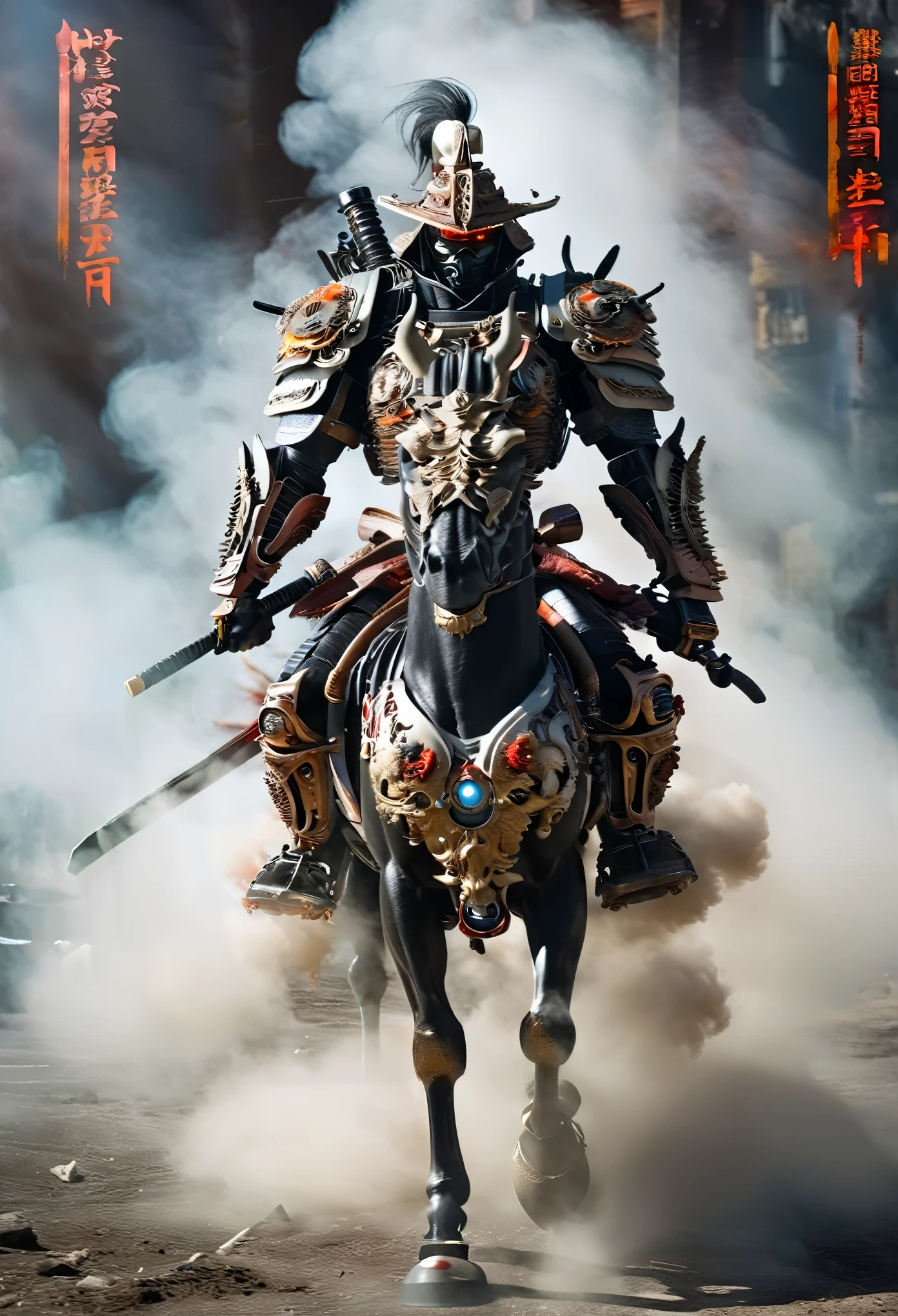 Cyborg samurai como criatura en acción y desatando un ataque contra los enemigos, Estilo Fw Murano, penachos de humos de plumas de color negro azabache, Explosión de colores vibrantes, increíblemente detallado, dark, imágenes clave, atmosférico, muy realista, Textura de alto detalle, trazado de rayos