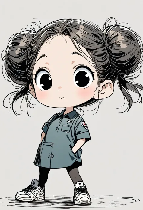 (best quality:1.2), anime sketch, black and white, black line art, cartoon character design, 1 girl, alone, big eyes, cute expression, double buns, shirt, work uniform, sneakers, standing, playful, interesting, simple lines