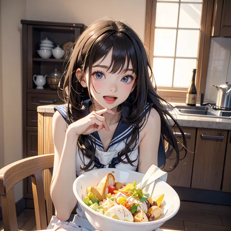 anime girl eating a bowl of food in a kitchen, anime food, super realistic food picture, realistic anime 3 d style, seductive an...