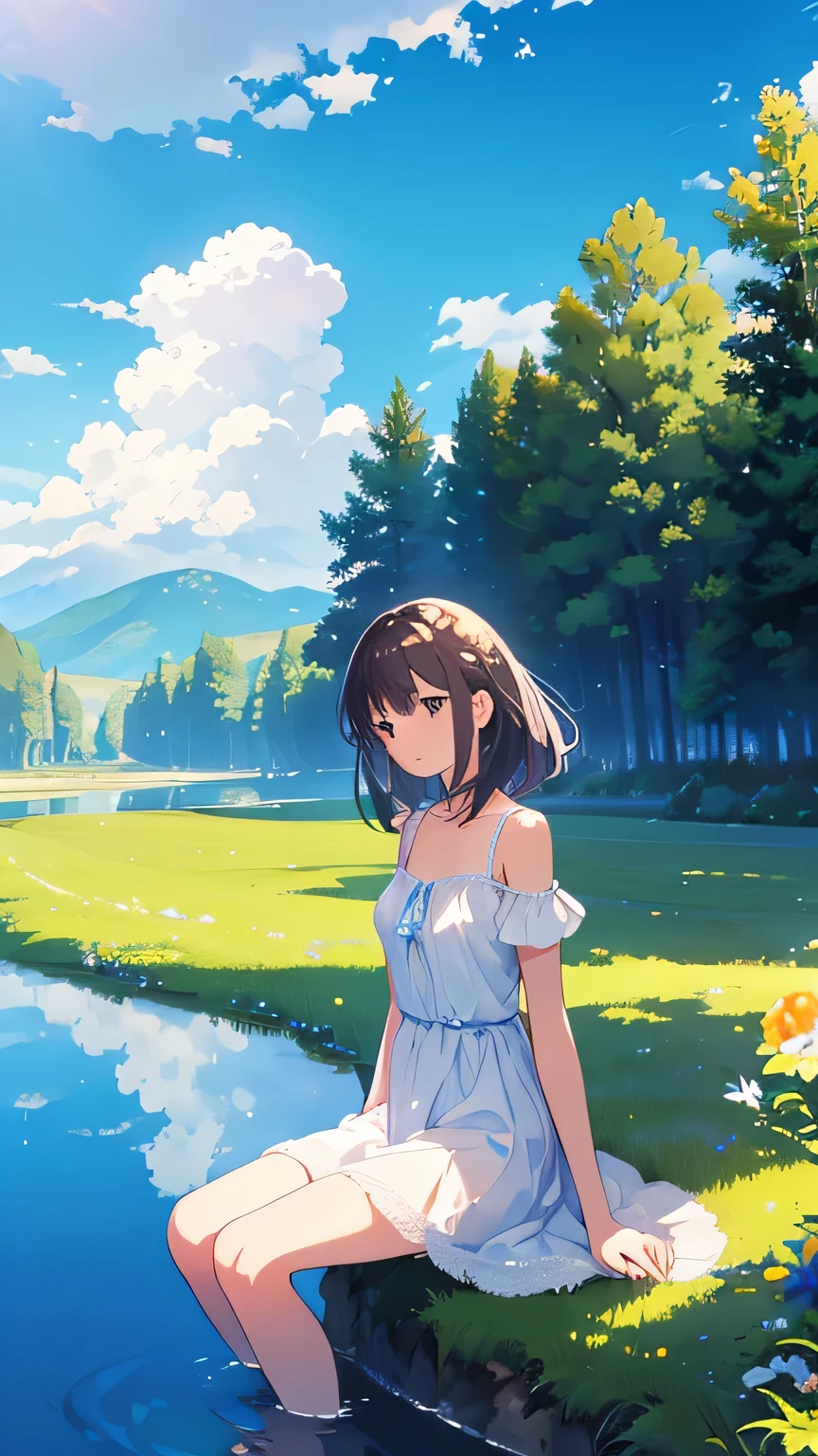 an extremely delicate and beautiful girl, sitting, tree, no humans, clear blue sky, cloud, outdoors, reflection, sky, building, water, daylight, blurry, summer, shadow, scenery, 8k wallpaper, masterpiece, Cinematic Lighting, best quality, Illustration, detailed face depiction, photorealistic scenery, 