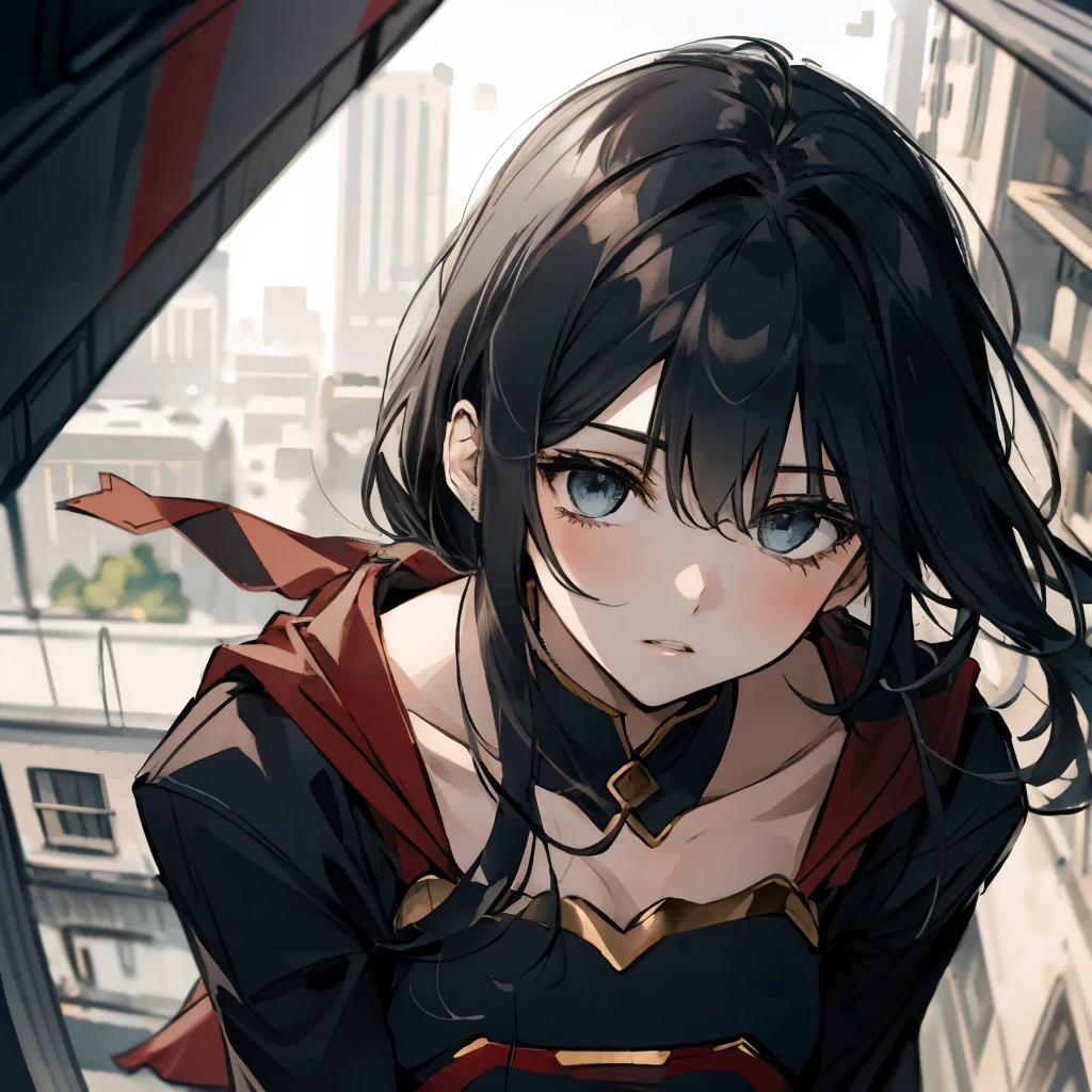 Anime girl with long black hair and red cape looking out of window - SeaArt  AI