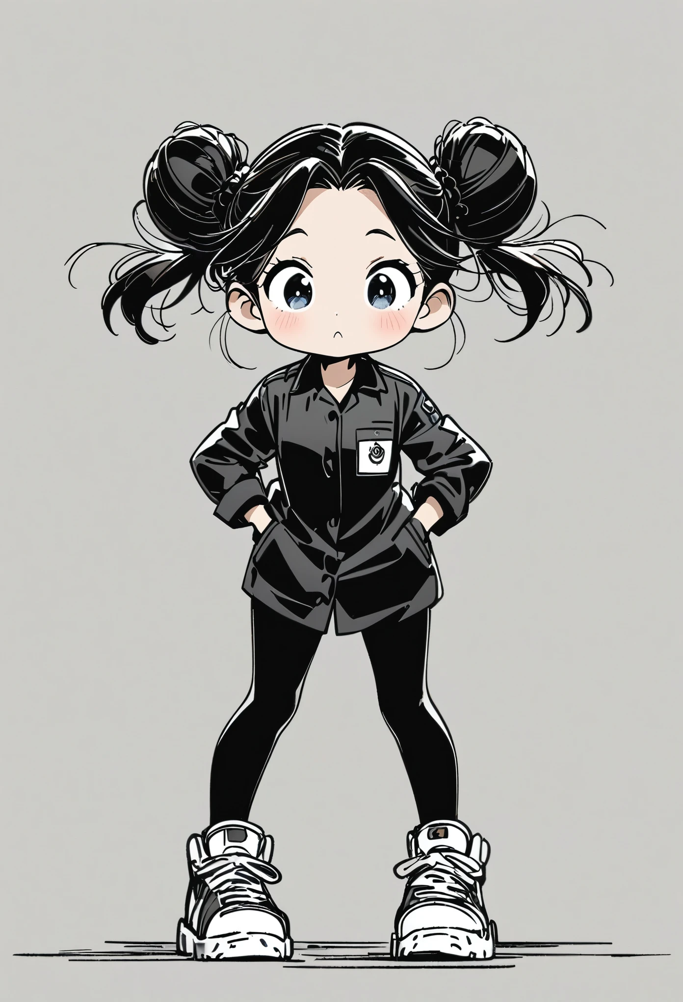 (best quality:1.2), anime sketch, black and white, black line art, cartoon character design, 1 girl, alone, big eyes, cute expression, double buns, shirt, work uniform, sneakers, standing, playful, interesting, simple lines