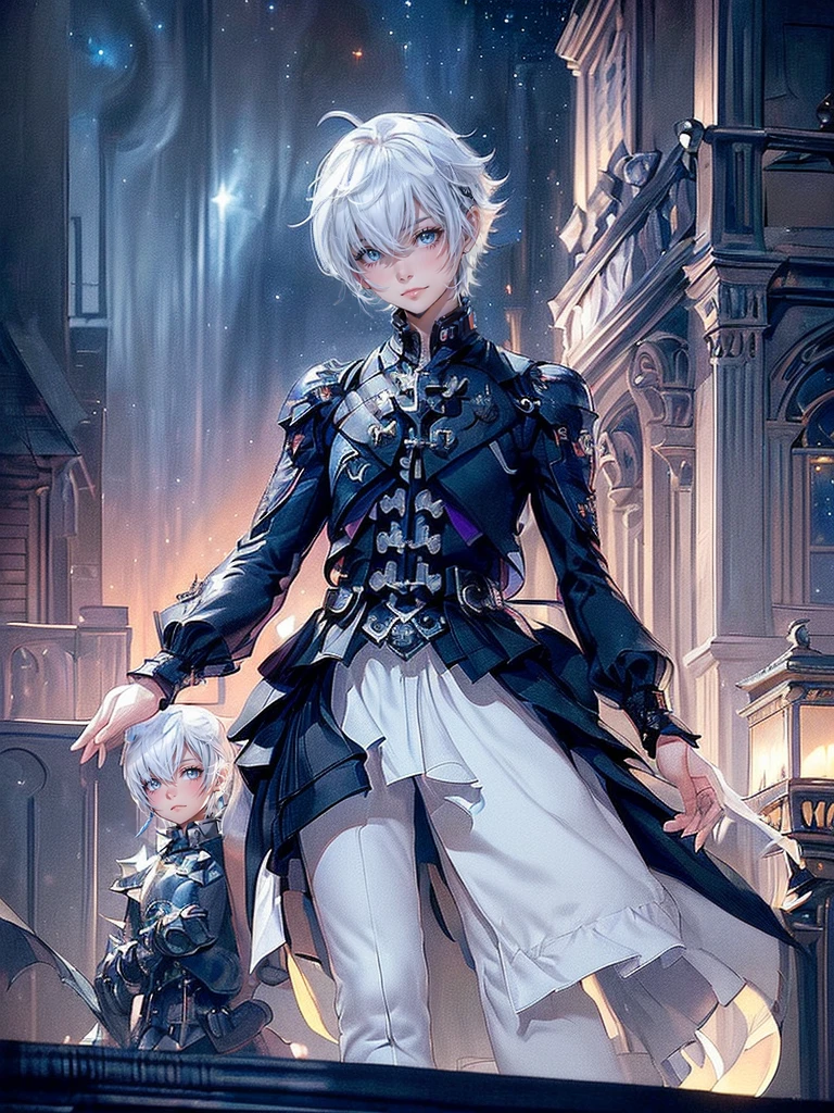 ((4K workasterpiece、(highest quality)、one beautiful girl、Because I&#39;m slender、expensive、((Black Y-shirt and white pants、Charming British knight style))、(detailed beautiful eyes)、A fantastic English black balcony、Castle inhabited by villains、Villain Knight、balcony at night、((Against the background of the starry sky))、((dark sky))、((Stylish cityscape at night))、((Standing on a stylish balcony and shooting))、midnight、((Face similar to Carly Rae Jepsen))、((short white hair))、((face becomes smaller))、((neutral face))、((bright blue eyes))、((American adult women))、((Adult female 26 years old))、((cool woman))、((like a celebrity))、((angry look))、((korean makeup))、((long and sharp eyes))、((happy date))、((boyish))、professional photos、(((shot alone)))、((Photographed from diagonally in front))、((focus zoom in))、((He is looking at the starry sky))、((He is standing on the balcony))、horror、((Beautiful and cool photos))、cool pose