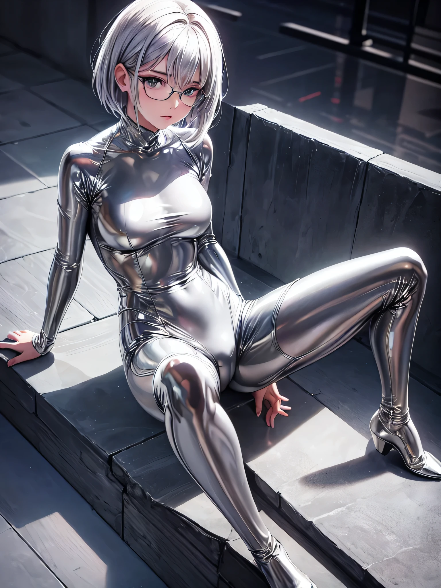 Highest quality 8K UHD、muste piece、Upper body、short hair、Spread your legs apart、sitting down and raising one leg、silver hair、Glasses、Full body shiny silver tights、A beautiful woman wearing a silver metallic suit、Full body silver metallic rubber suit