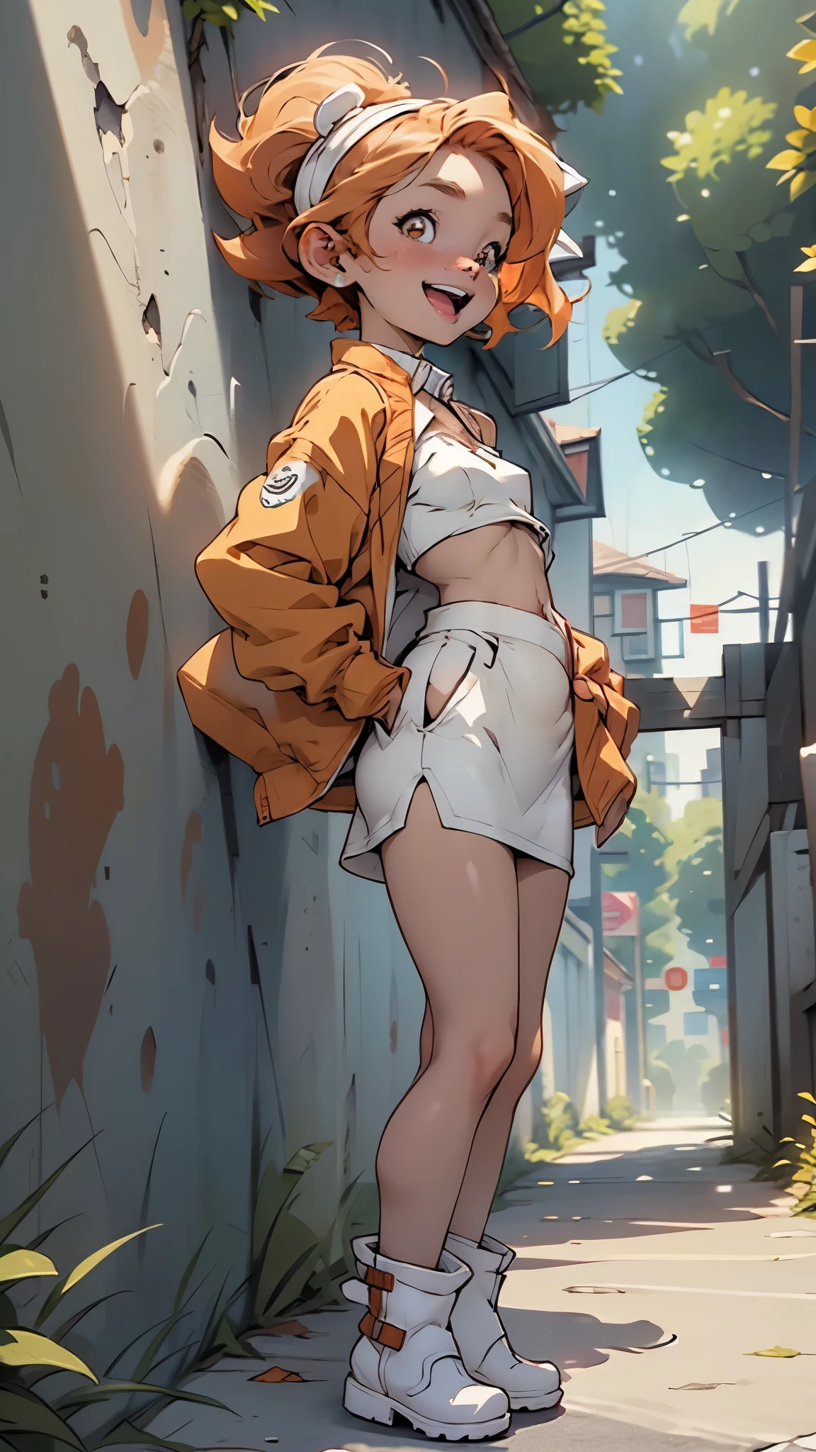 masterpiece, best quality, extremely detailed, anime, outdoor, park, 1girl ,Corgi ears, orange short hair,white streaked hair, black Drooping eyes, orange jackets with white fur collar, {white onepiece dress, pencil skirt}, lean forward, put hands in pockets, look at viewer, smile, show teeth,upper fang, open mouth, brown dog collar, white Sheepskin boots,from side,aniduskxl,(nsfw:0.55), ((flat chested, flat stomach, baby face)), (intense colors)