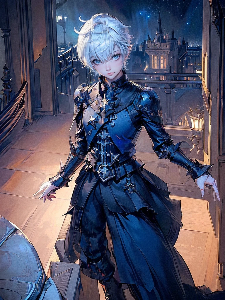 ((4K workasterpiece、(highest quality)、one beautiful girl、Because I&#39;m slender、expensive、((Black Y-shirt and white pants、Charming British knight style))、(detailed beautiful eyes)、A fantastic English black balcony、Castle inhabited by villains、Villain Knight、balcony at night、((Against the background of the starry sky))、((dark sky))、((Stylish cityscape at night))、((Standing on a stylish balcony and shooting))、midnight、((Face similar to Carly Rae Jepsen))、((short white hair))、((face becomes smaller))、((neutral face))、((bright blue eyes))、((American adult women))、((Adult female 26 years old))、((cool woman))、((like a celebrity))、((angry look))、((korean makeup))、((long and sharp eyes))、((happy date))、((boyish))、professional photos、(((shot alone)))、((Photographed from diagonally in front))、((focus zoom in))、((He is looking at the starry sky))、((He is standing on the balcony))、horror、((Beautiful and cool photos))、cool pose