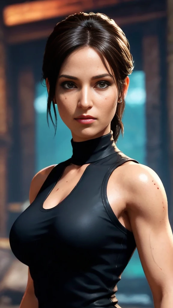 Lara croft, , realistic lighting, ((extremely high detailed skin)), (perfects eyes), (((perfect hands))), (curvy hips:0.8), (cinematic lighting), (photorrealistic:1.2), (desaturated:1.08), 8K, dslr, (bokeh), ultra high resolution