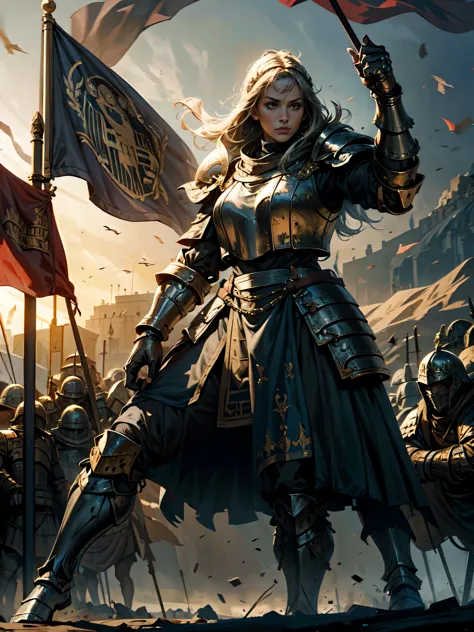 1 Girl, knight, heavy armor, Middle Ages, standing in the ancient battlefield, flying flag, dawn of victory