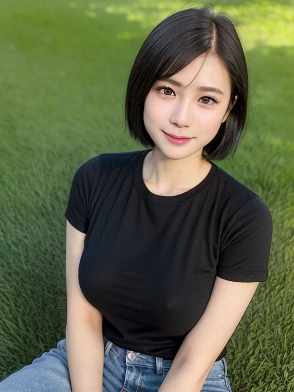 (kawaii 24 year-old Japanese girl, Nogizaka idol, Korean idol), healthy female athlete body, (glossy black hair, very short hair, messy hair edge, symmetric hair length:1.3), (bangs), (rounded face, brown eyes, single eyelid, no makeup, soft smiling:1.2), (wearing over-sized t-shirt, skinny jeans:1.3), flat chest, extra small breasts, (looking at viewer:1.2), BREAK, (turf in the park background:1.3), (dynamic angle:1.3), BREAK, (masterpiece, best quality, photo realistic, official art:1.4), (UHD, 8K quality wallpaper, high resolution, raw photo, golden ratio:1.2), (shiny skin), professional lighting, physically based rendering, award winning, (perfect anatomy, highly detailed skin, extremely detailed face and eyes), Carl Zeiss 85 mm F/1.4, depth of field, 1girl, solo,