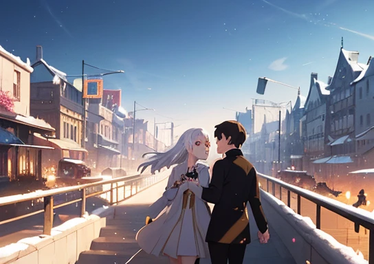 Comic Book couples are walking in a sci-fi city full of feasting and debauchery. A waist-length girl with white hair and golden pupils is leading a man with medium hair. Shadows of dragons and phoenixes emerge behind them. Close-up perspective. Concept art Makoto Shinkai, pixiv winner, romanticism, Makoto Shinkai Cyril Rolando, love concept art, ros trance. Landscape background, Dr Alphonse Mephesto and Makoto Shinkai, Dr Alphonse Mephesto and Ilya Kuvshinov, Loish and Ross Tran.  