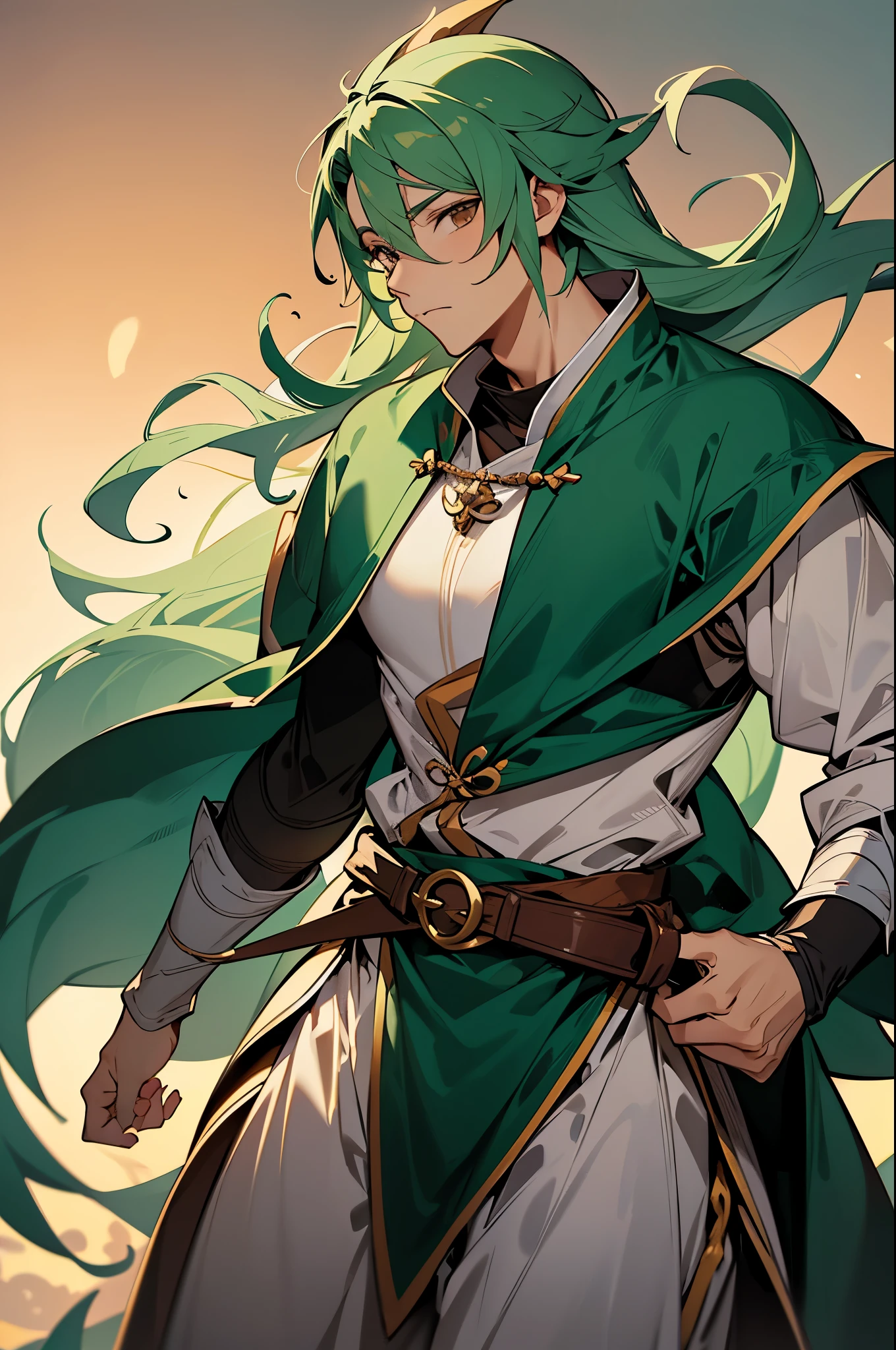 Gerar uma imagem no estilo anime de um homem de orelhas pontudas e pele marrom, with green hair wearing clothes common in the middle ages