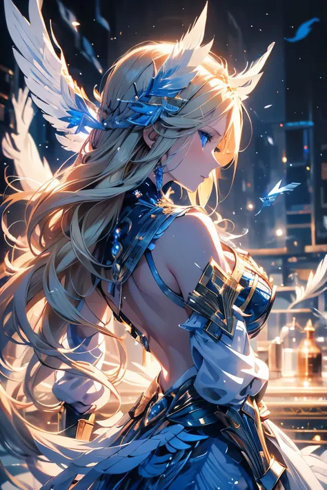 4K quality:1.2,Super beautiful illustration:1.2,Seraph,((Six white feathers on the back)),blonde,long hairstyles,((Beautiful cob...