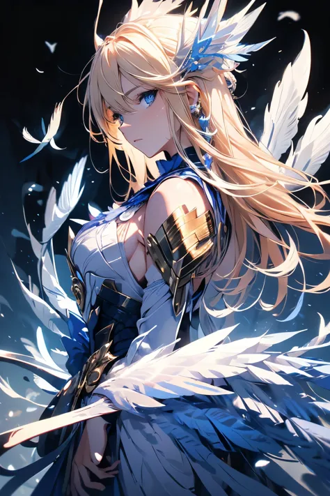 4K quality:1.2,Super beautiful illustration:1.2,Seraph,((Six white feathers on the back)),blonde,long hairstyles,((Beautiful cob...