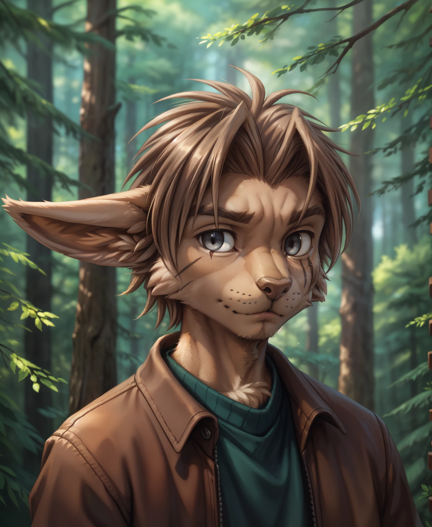 by kenket, by totesfleisch8, (by thebigslick, by silverfox5213:0.8), (by syuro:0.2),, alaric-twokinds, twokinds, (best quality, masterpiece:1), solo, furry male anthro, long ears, grey eyes, eye scar, Brown hair, medium hair,tail, portrait, looking at viewer, (outdoors dark forest trees blurry blurred background:1.1), 