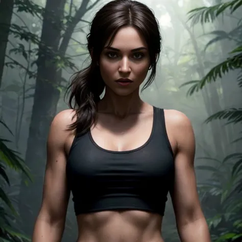 Lara croft, , realistic lighting, ((pele extremamente detalhada)), (olhos perfeitos), (((perfect hands))), (curvy hips:0.8), (ci...