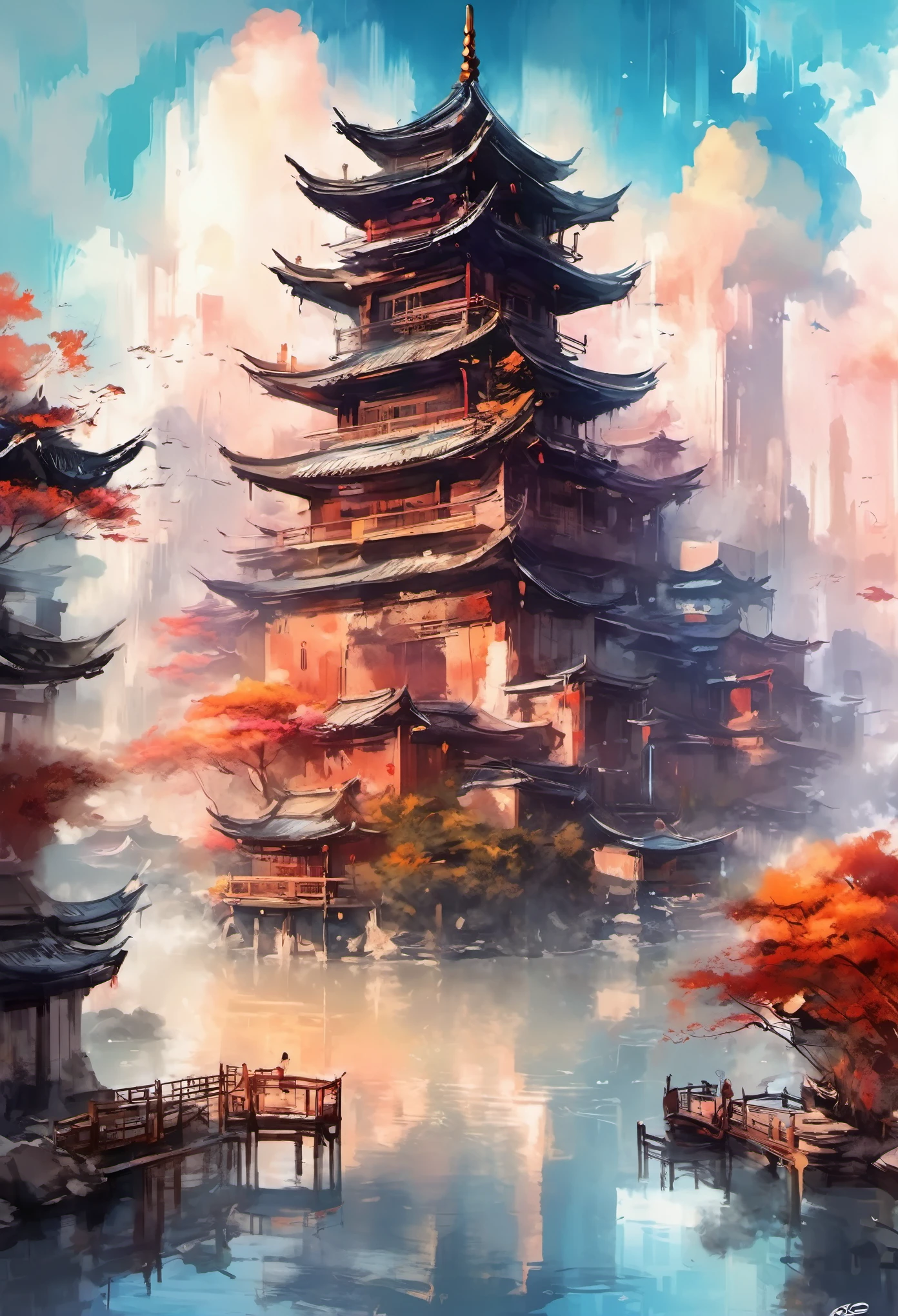 Hay una foto de un edificio con un reflejo en el agua., estilo acuarela china, pintura digital de una pagoda, Castillo antiguo chino Cyberpunk, Fondo del templo zen, ciudad china de ensueño, Tierras flotantes en las nubes, ciudad flotante sobre las nubes, Una hermosa ilustración de obra de arte., ross tran. fondo escénico, inspirado en Bayard Wu, inspirado en Mike Winkelmann