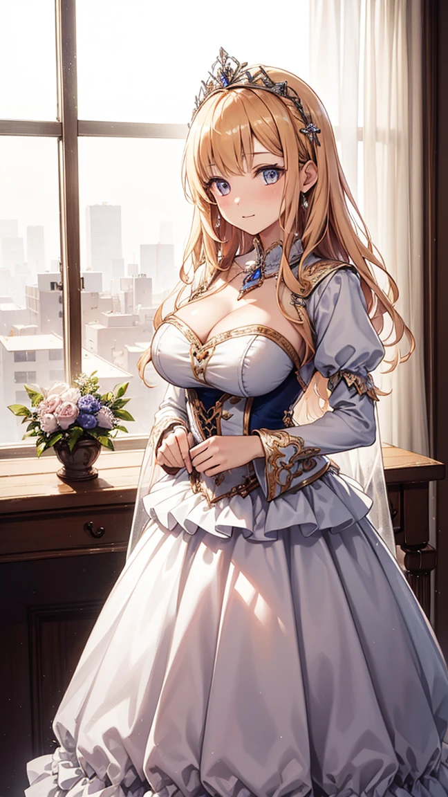 18 year old girl，obsessed，in love，pose，(fluffy big skirt princess:1.2)，dark blonde wavy hair，eBlue eye minimalist，Ruffles，lace，(Exquisite pattern:1.1)，(dress nicely:1.1)，(yellowish white tone)，princess crown，Transparent clothes beautiful and delicate face，Bedroom scene in western mythology，movie lighting，the only person，(flowing skirt:1.1)，Metal decoration，lace, (best quality), (on the table), Emphasis on posture、big pink skirt