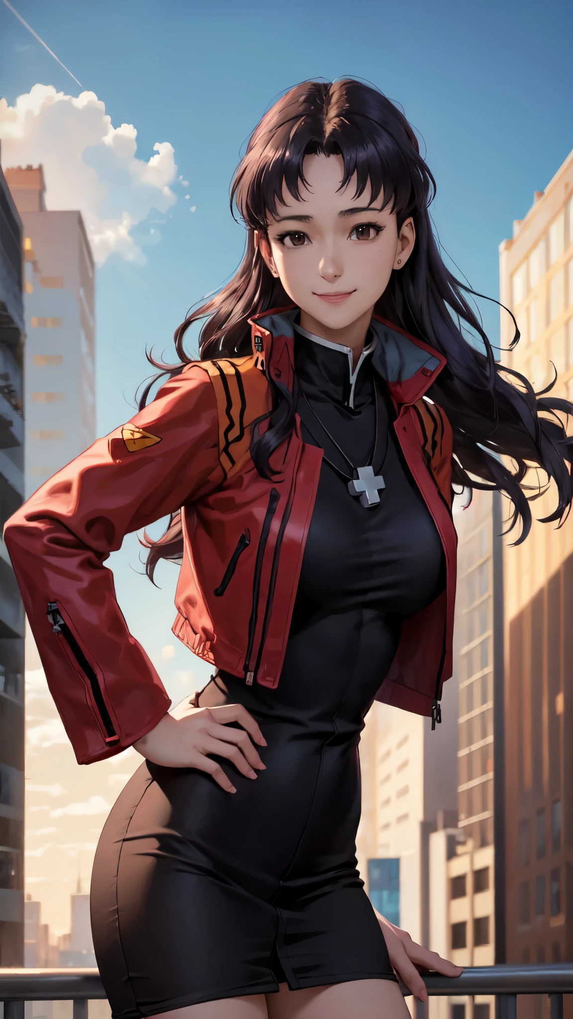 masterpiece, best quality, misato, black eyes, parted bangs, long hair, earrings, cross necklace, red jacket, long sleeves, black dress, large breasts, cowboy shot, looking at viewer, hands to hips, leaning forward, from below, smile, cityscape, sky