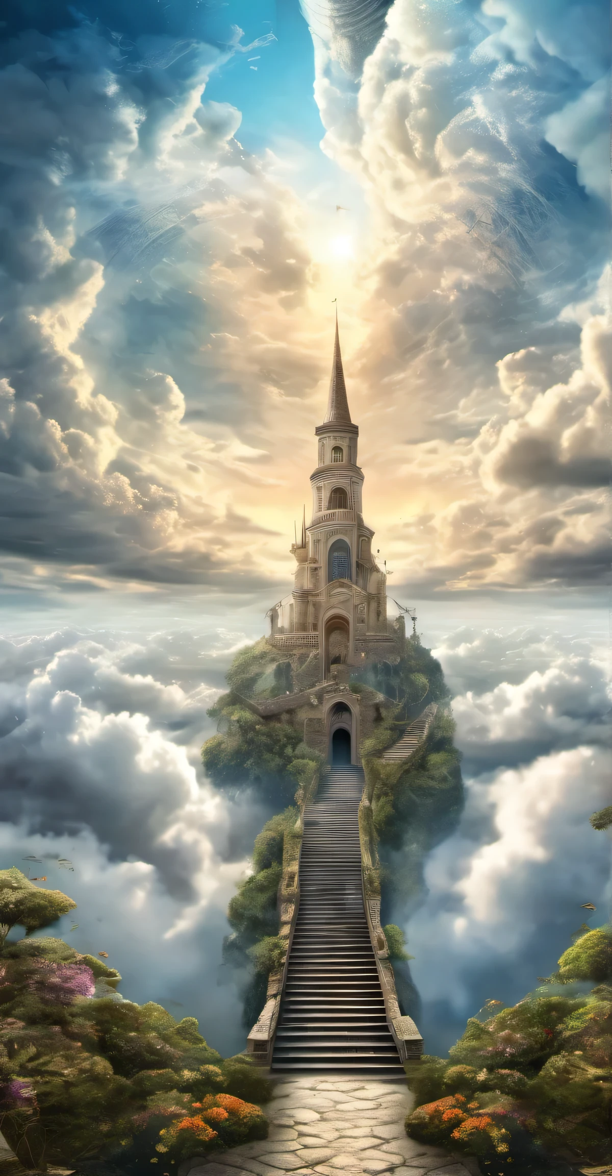 arafed view of a staircase leading to a tower with a sky background, surreal concept art, intricate and epic composition, symmetrical epic fantasy art, surreal and fantasy art, breathtaking fantasy art, fantasy surrealism, highly detailed fantasy art, stairway to heaven, surreal + highly detailed, elaborate matte painting, detailed fantasy digital art, 4k highly detailed digital art