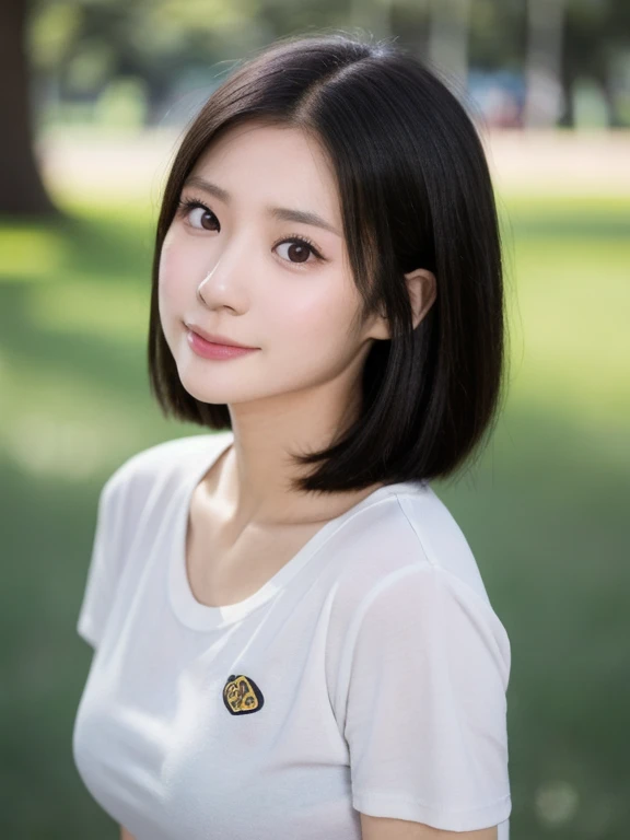 (kawaii 24 year-old Japanese girl, Nogizaka idol, Korean idol), healthy female athlete body, (glossy black hair, very short hair, symmetric hair length, even hair length:1.3), (forehead), messy hair edge, (rounded face, black eyes, single eyelid, no makeup, soft smiling:1.2), (wearing over-sized t-shirt, skinny jeans:1.3), flat chest, extra small breasts, (looking at viewer:1.2), BREAK, (turf in the park background:1.3), (dynamic angle:1.3), face focus, BREAK, (masterpiece, best quality, photo realistic, official art:1.4), (UHD, 8K quality wallpaper, high resolution, raw photo, golden ratio:1.2), (shiny skin), professional lighting, physically based rendering, award winning, (perfect anatomy, highly detailed skin, extremely detailed face and eyes), Carl Zeiss 85 mm F/1.4, depth of field, 1girl, solo,