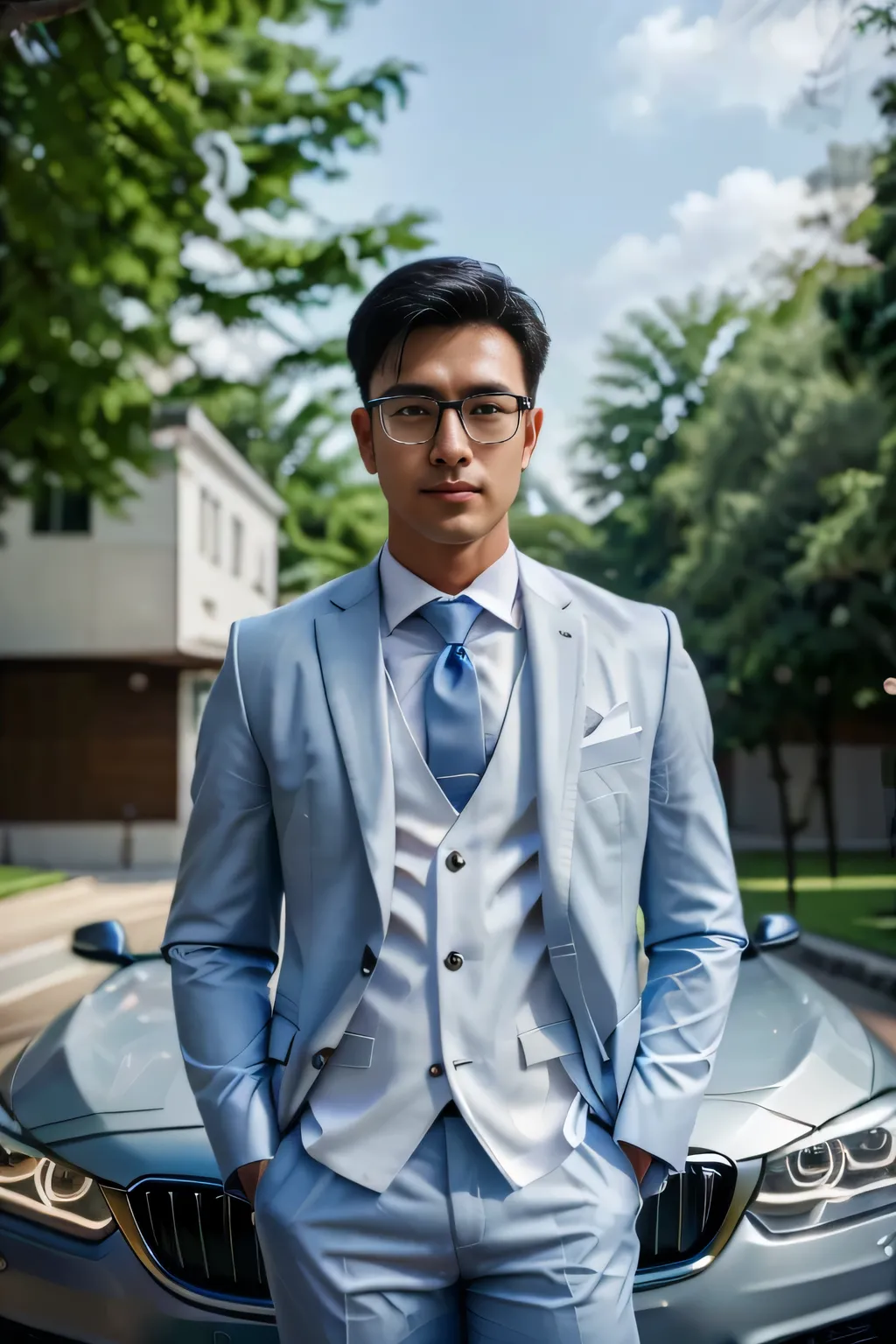 (one wears silver-white titanium alloy thin-rimmed glasses、wearing a full light blue striped suit、white shirt、tie、about 25 years...