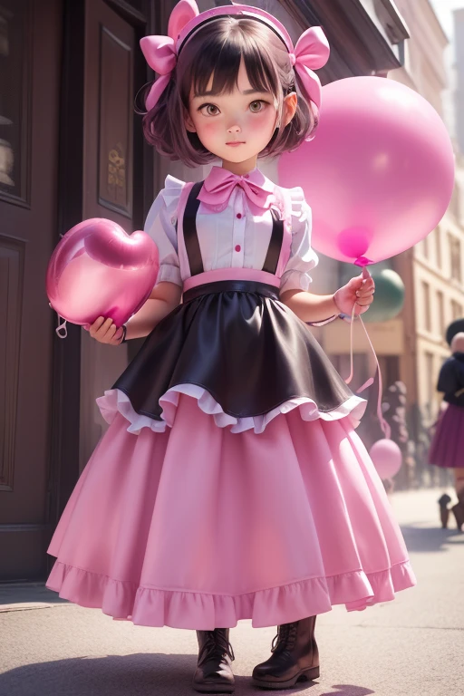 賣氣球的女孩, 一個12歲的女孩, (((她有一個粉紅色的氣球))) , 真實照片, (((全身))), (低頭看著我),  鮑伯頭髮, 頭髮上的大絲帶, (圍裙, 皮革長裙, 靴子), 