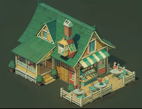 ilustracion isometrica pintada a mano de una tienda de cafe, cafeteria, con tejado azul, chuimenea de ladrillos rojos,isometrico...