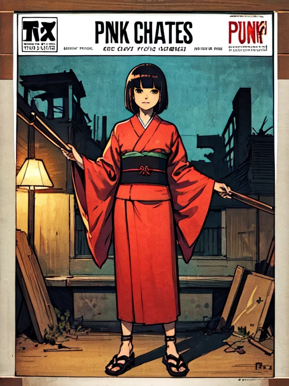 ((A girl with a bob haircut in a red kimono))、((ruins)), ((punk band poster)),cartoon style, Horror elements, Comic book style illustrations, (drawing style), full body (Spooky), Japanese carving, primitive art, circus, crazy illustration, flat illustration、((small eyes))
