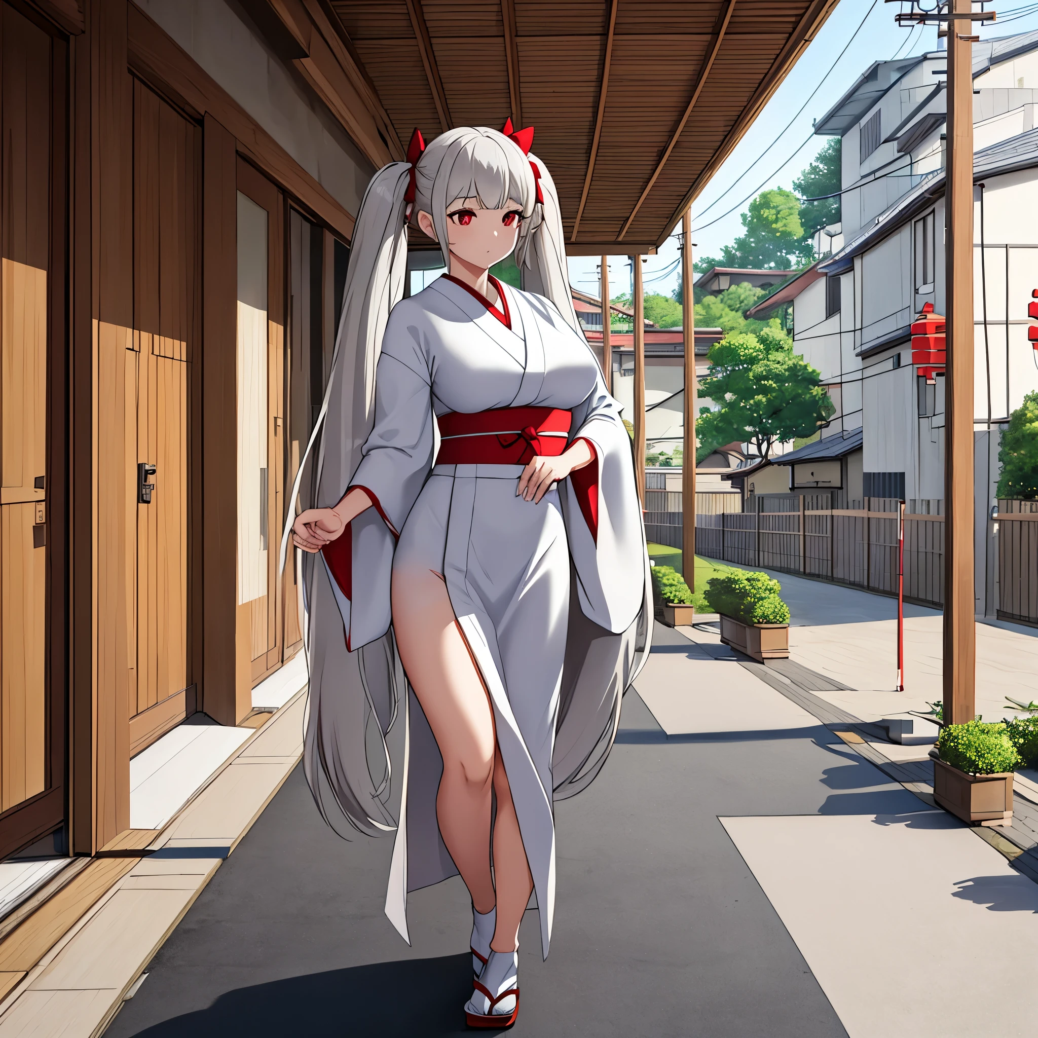 A woman wearing a white kimono with gray details, long gray hair, long pigtails, red eyes, large breasts, walking in a traditional Japanese neighborhood, concrete floor,HDR, ultra resolution, well defined, masterpiece, 8K HD. (solo woman)
