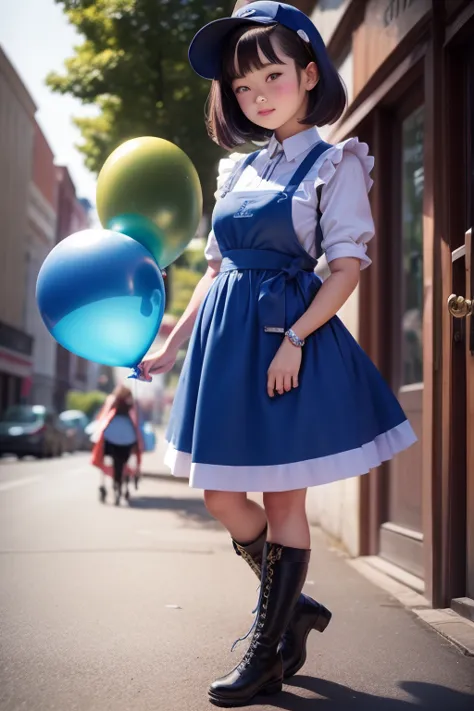 balloon seller girl, a 14 years old girls, (((she is having a blue balloon))) , real photo, (((full body))), (looking down at me...