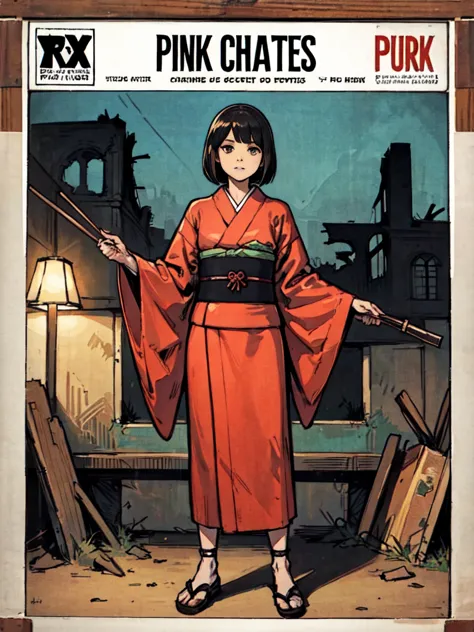((A girl with a bob haircut in a red kimono))、((ruins)), ((punk band poster)),cartoon style, Horror elements, Comic book style i...