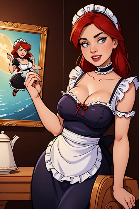 a pretty maid. best quality, masterpiece, red hair, sky blue eyes, wearing a steriotypical french maid outfit, (headdress、white ...