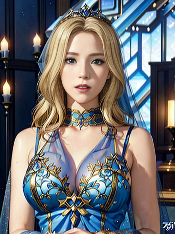 Blonde woman in a blue dress with a veil on her head, Beautiful fantasy girl, detailed fantasy art, beautiful fantasy art, blonde hair princess, art station artgerm on pixiv, beautiful maiden, ((beautiful fantasy empress)), 2. 5d cgi anime fantasy artwork, fantasy art style, detailed digital anime art, fantasy style art