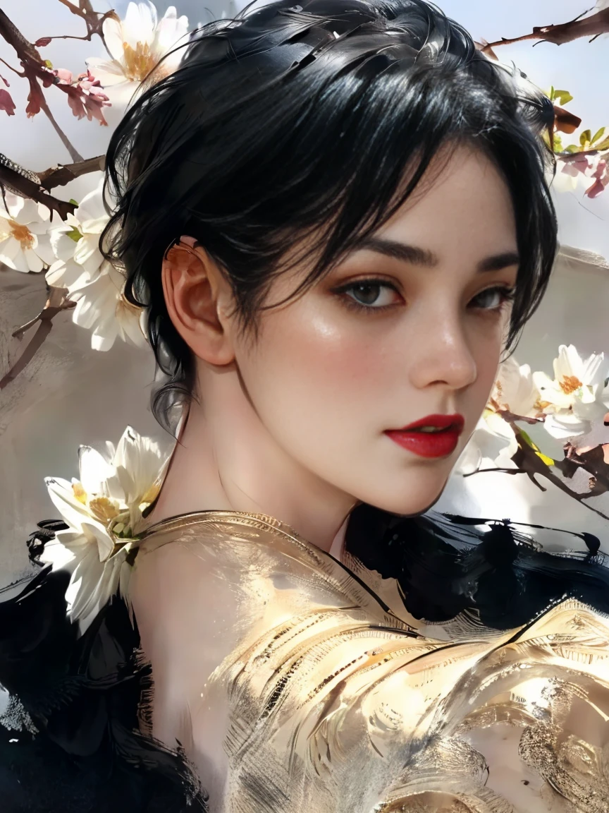 A mature and sophisticated woman, who enjoys cherry blossoms in a landscape scroll painting. She has beautiful detailed eyes and lips, with a captivating gaze that looks down on the viewer. She possesses perfect hands and fingers. The woman is (best quality, 4k, 8k, highres, masterpiece:1.2) and (elaborate:1.1). She has (beautiful detailed eyes:1.1) and (detailed lips:1.1), an extremely detailed face, a well-defined nose, and full lips. She has short hair and a detailed background. The perspective of the image is from a low angle, emphasizing her perfection.