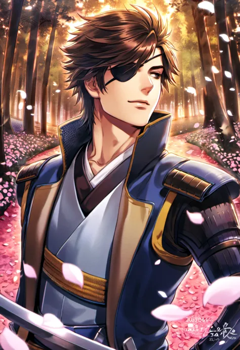 Ultra detailed, Highres, absurdres, HDR, Date Masamune, brown hair, brown eye, black eye patch, Sengoku basara, petals, handsome...