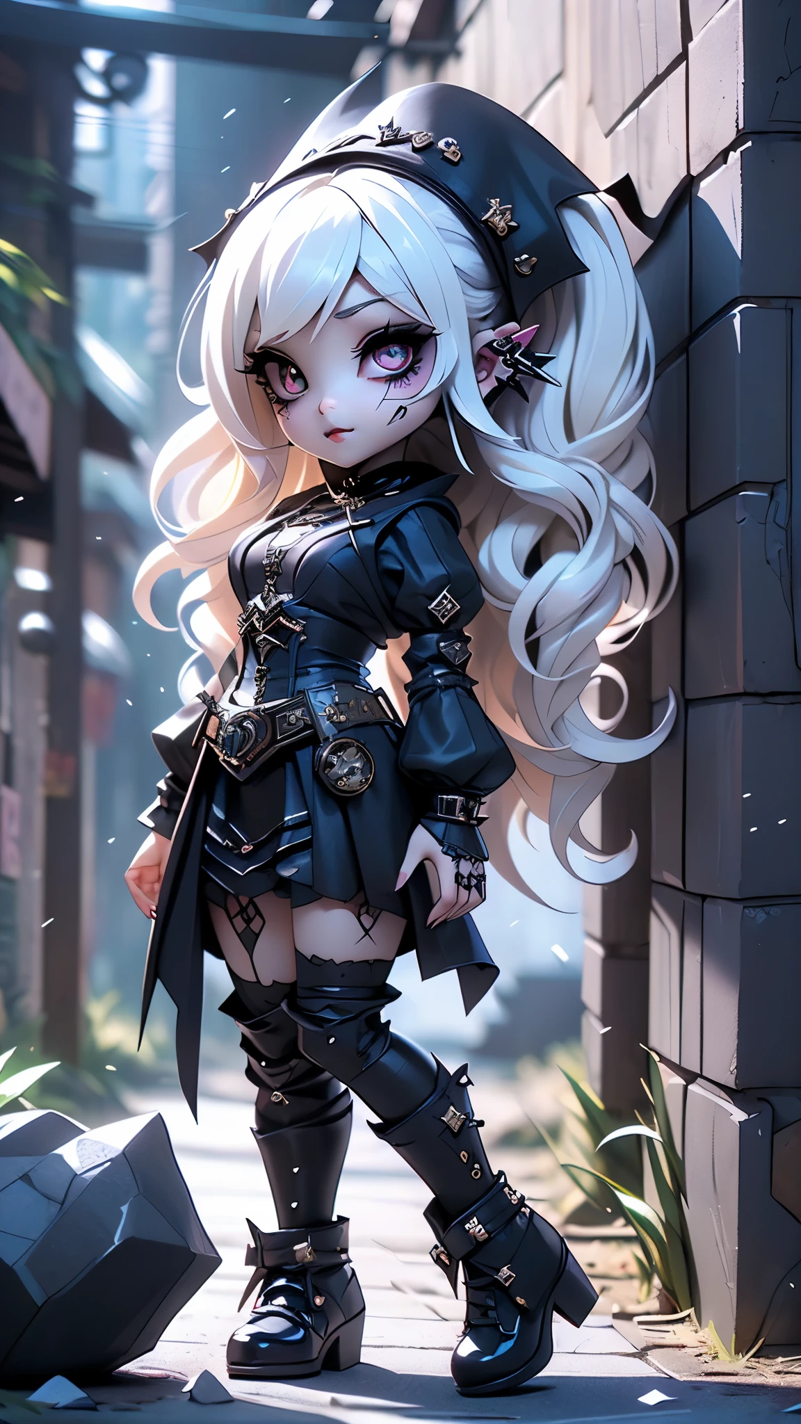 score_9, score_8_up, score_7_up, score_6_up, rating_explicit, 1girl, ((18YO:1.2)), Adult, full lips, ((blond hair:1)), (long wavy hair: 1.2),(lolita gothic punk rock :1.4 )、(Face details: 1.5, bright blue eyes, beautiful face, pretty eyes, Iris contour, thin lips: 1.5, Thin, sharp pale eyebrows, Long, dark eyelashes, double tabs),(Gothic fashion:1.4)、(neogothic:1.3)、(Fine-grained denim dress:1.4 )、(Dressing a detailed steampunk maid in denim and white.:1.5)、(lace collar and sleeves:1.1)、(denim knee high socks:1.3)、(heart mark decoration:1.unrock fashion gloves:1.4)、(luxury hair ornament:1.4)、(heart brand belt)、(Denim High Heels)、(The underwear is striped.:1.4)(bright colors), ,( cyberpunk 2.1),( Alone), (background alley walls big stones:1.4), (bright colors) 