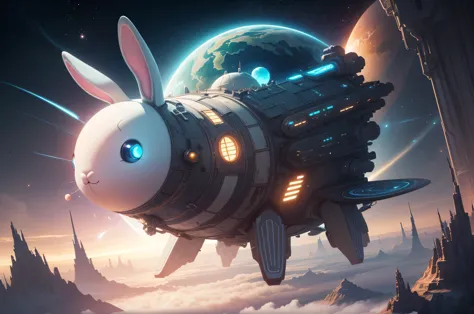 outer spaceモチーフ, pastel, long distance, insanely detailed, best quality, fantasy, cyberpunk, A cute, large rabbit-shaped spacesh...
