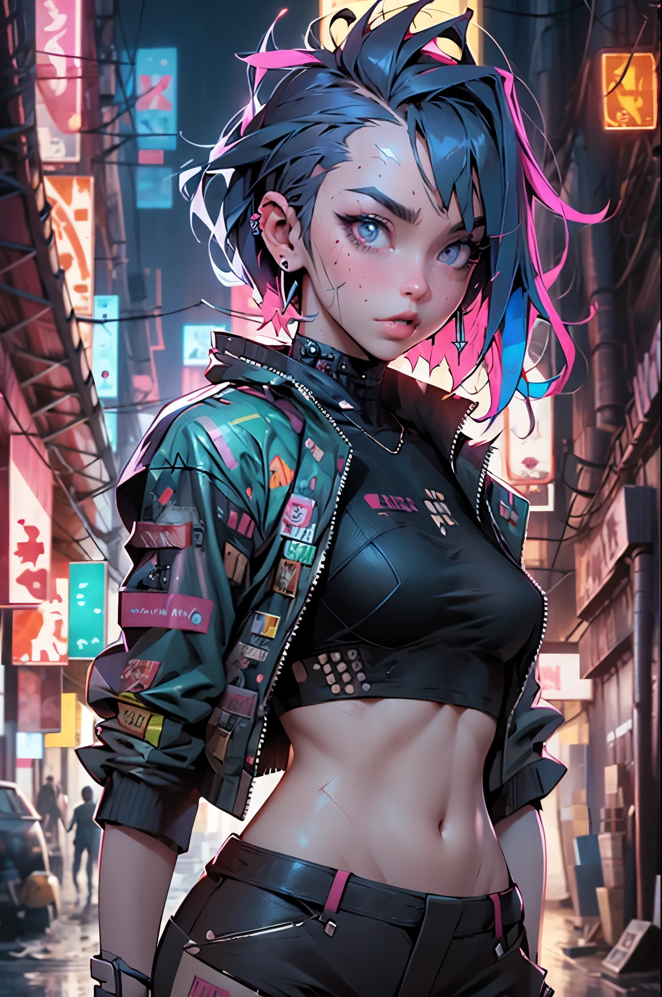 ((best quality)), ((masterpiece)), (highly detailed body and face:1.3), 3D, Beautiful (cyberpunk:1.3) Beautiful young man with hair shaved on the sides and a petrol blue mohawk, VERY DETAILED AND BRIGHT, ((with guns in hands)), (((futuristic Mad Max movie style background))), (((pink and cyan neon lights at night))), night image, at night, 32k