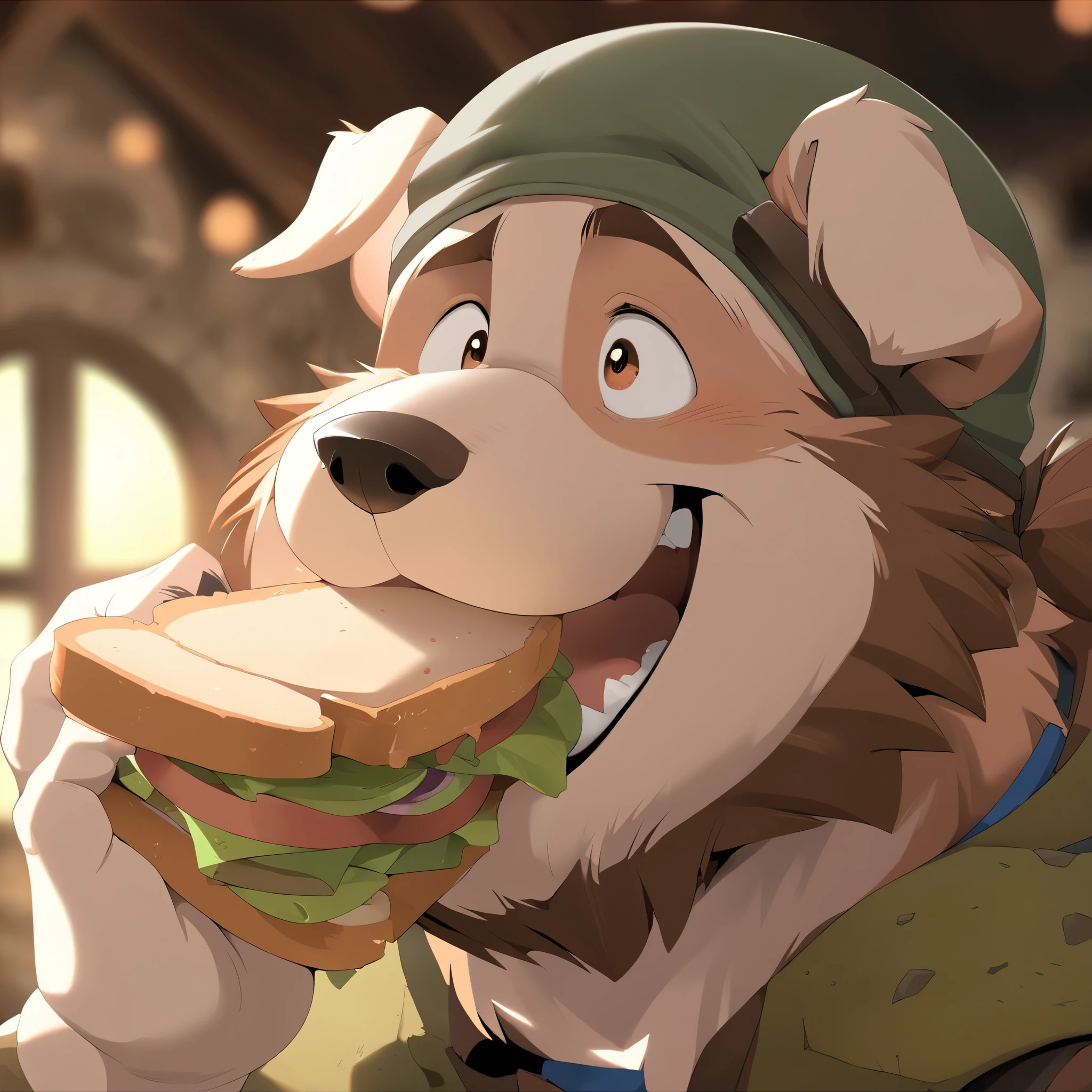 anthro, kemono, male, solo, ((round face, very plump face, thick beard)), ((endomorph body type, old-aged)), ((adventure costume:1.5)), ((domestic dog, dog) fluffy fur, fluffy), (at medieval kitchen), bokeh, (face focus, headshot), (eating a sandwich), detailed background, (high quality, highres, masterpiece), (dynamic lighting, vivid color), (happy, looking pleasured), (dynamic pose), (close up persective), (animaginexl:1.3), (upperbody), (dreamy looks)