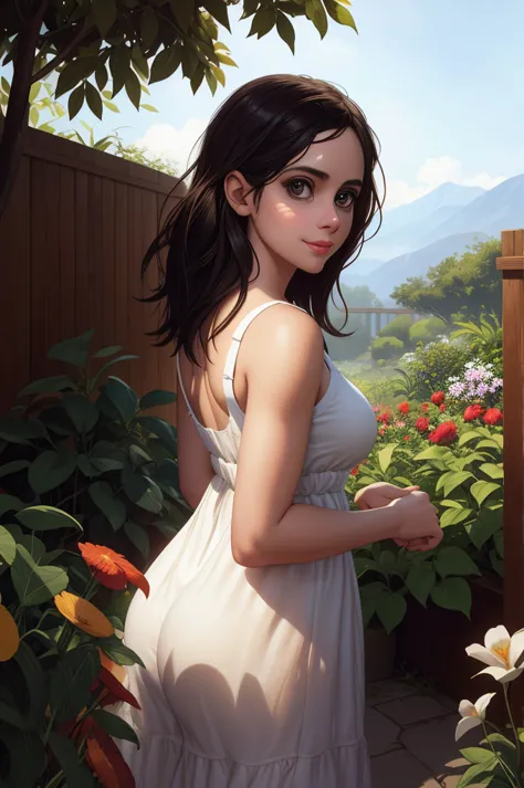 Adorable, Woman,big-eyed woman, round face. promenent lips. Smileing,In the garden,Her hands are behind her...., , large ass, we...