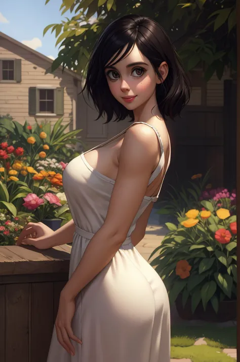Adorable, Woman,big-eyed woman, round face. promenent lips. Smileing,In the garden,Her hands are behind her...., , large ass, we...