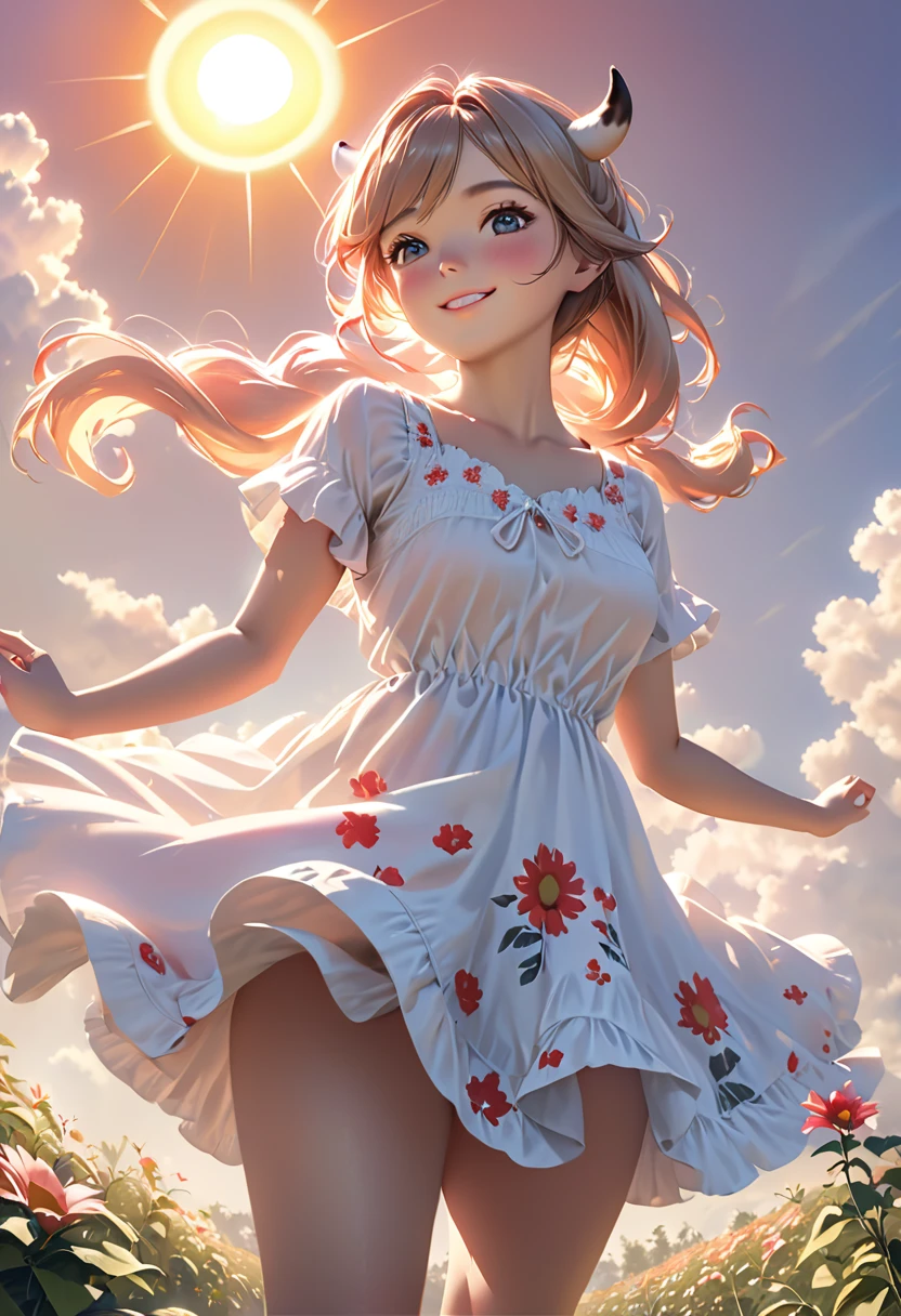 ((furry)) ((cow girl)) (best quality, 4k, 8k, highres, masterpiece:1.2), ultra-detailed, (realistic, photorealistic, photo-realistic:1.37), best quality, masterpiece, highres (cute sun dress, the backlight makes your body silhouette stand out.), background outdoors, Raw photo, Best Quality, master piece, high resolution, detailed, (Photorealsitic:1.4), Well-defined contours, beautiful young cow girl, Beautiful perfect face, (gently smiling:1.2), perfect bodies, perfect arms, Perfect fingers, perfect leg, perfect hair, pores, Realistic skin texture, full body Shot, from below view, full body portrait, curvaceous, pink sun dress