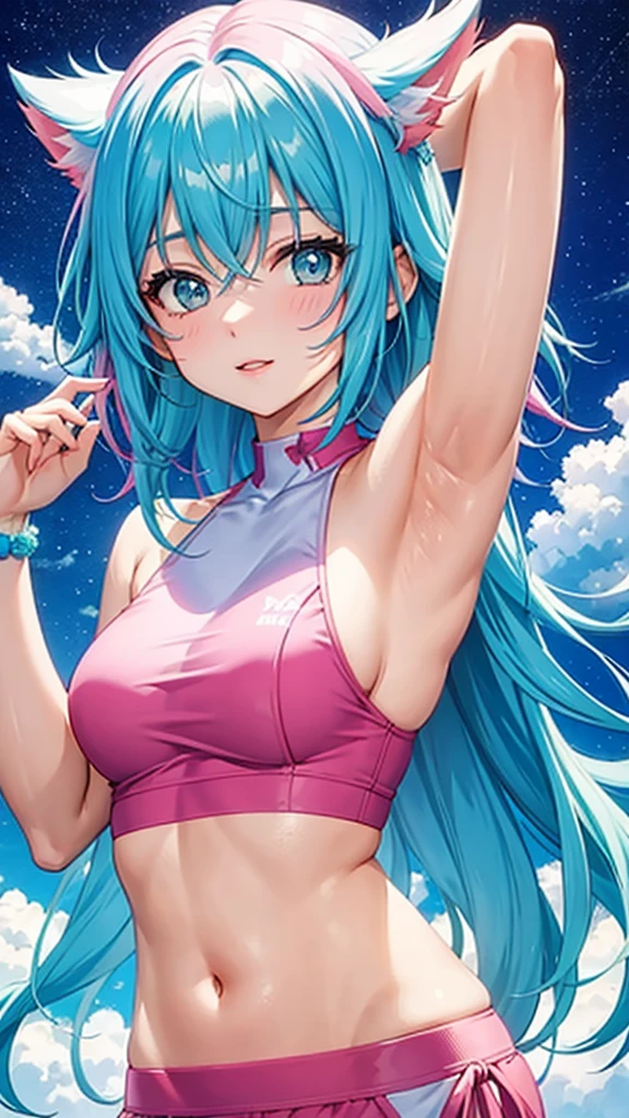 Livestreaming, pink and blue gradient hair, show 2 armpit, 