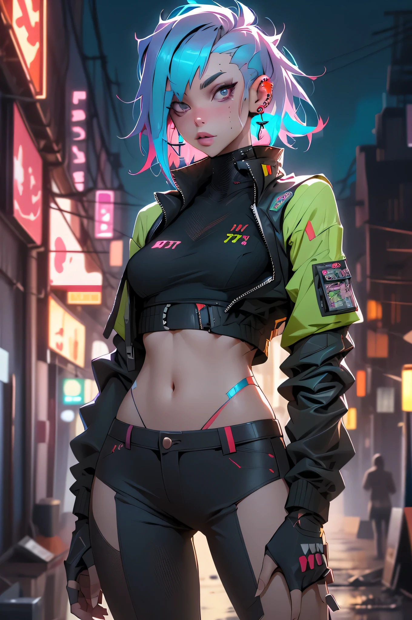 ((best quality)), ((masterpiece)), (very detailed body and face:1.3), 3D, Beautiful (cyberpunk:1.3), Beautiful young man with hair shaved on the sides and a petrol blue mohawk, VERY DETAILED , ((with weapons in hands) ), (((futuristic apocalyptic Mad Max movie style background))), (((pink and cyan neon lights at night))), night image, at night, 32k