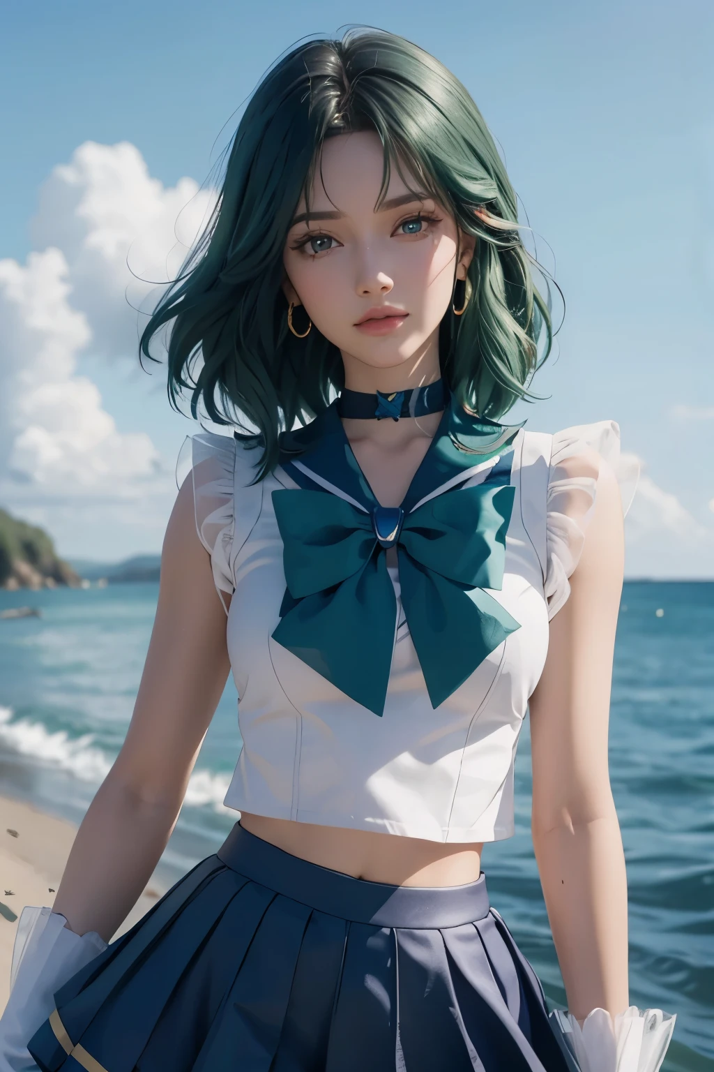 close up， 1 girl， sailor neptune， （sailor senshi：1.2）， （aqua eyes：0.9）， dark green hair， medium hair， Wedge skirt， best quality， earrings， masterpiece， high resolution， intricate details， （Reality）， photography， （white elbow gloves：1.1）， jewelry， medium breasts， whole body， dynamic background， dynamic poses 