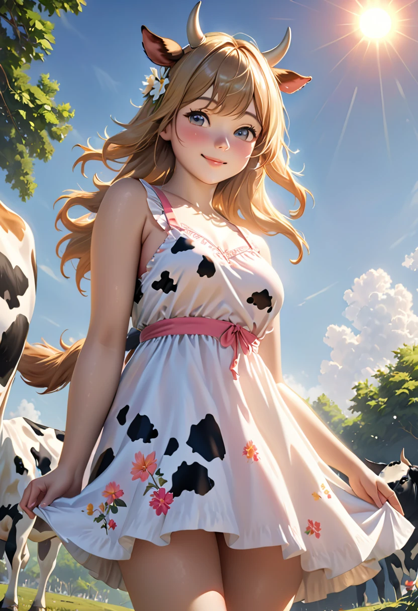 ((furry)) ((cow girl)) (best quality, 4k, 8k, highres, masterpiece:1.2), ultra-detailed, (realistic, photorealistic, photo-realistic:1.37), best quality, masterpiece, highres (cute sun dress, the backlight makes your body silhouette stand out.), background outdoors, Raw photo, Best Quality, master piece, high resolution, detailed, (Photorealsitic:1.4), Well-defined contours, beautiful young cow girl, Beautiful perfect face, (gently smiling:1.2), perfect bodies, perfect arms, Perfect fingers, perfect leg, perfect hair, pores, Realistic skin texture, full body Shot, from below view, full body portrait, curvaceous, pink sun dress, cow ears, cow tail, cow horns, furry cow girl, blonde hair