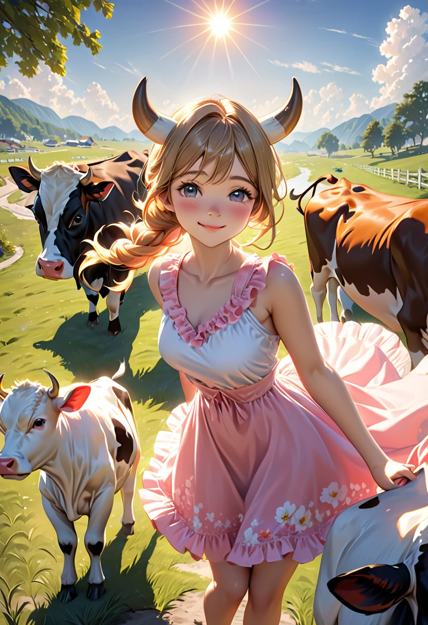 ((furry)) ((cow girl)) (best quality, 4k, 8k, highres, masterpiece:1.2), ultra-detailed, (realistic, photorealistic, photo-realistic:1.37), best quality, masterpiece, highres (cute sun dress, the backlight makes your body silhouette stand out.), background outdoors, Raw photo, Best Quality, master piece, high resolution, detailed, (Photorealsitic:1.4), Well-defined contours, beautiful young cow girl, Beautiful perfect face, (gently smiling:1.2), perfect bodies, perfect arms, Perfect fingers, perfect leg, perfect hair, pores, Realistic skin texture, full body Shot, from below view, full body portrait, curvaceous, pink sun dress, cow ears, cow tail, cow horns, furry cow girl, blonde hair